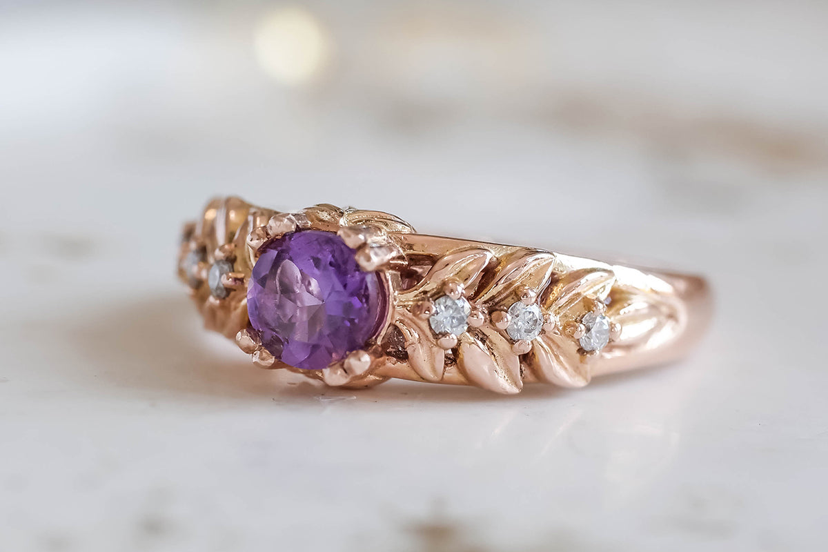 Rose gold amethyst engagement ring, gold leaf ring