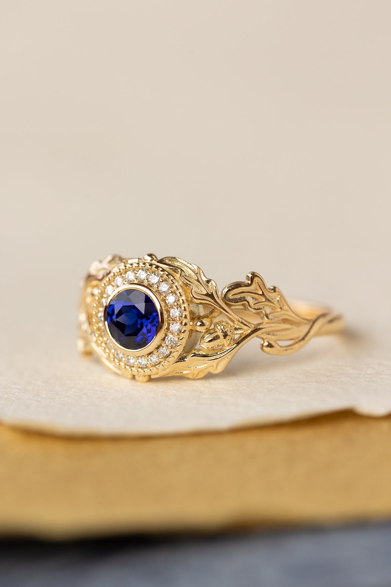 Halo diamond and lab blue sapphire engagement ring, celtic ring with oak leaves and diamonds / Dair - Eden Garden Jewelry™