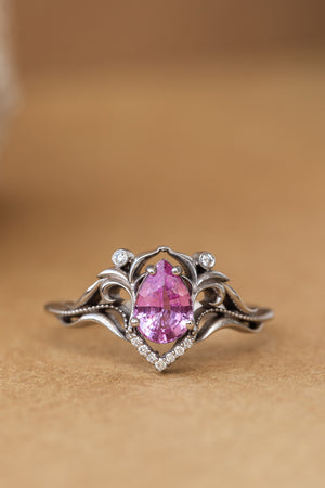 READY TO SHIP: Lida art nouveau engagement ring in 14K white gold, natural pink sapphire with natural diamonds, RING SIZE: 5.75 - 8.75