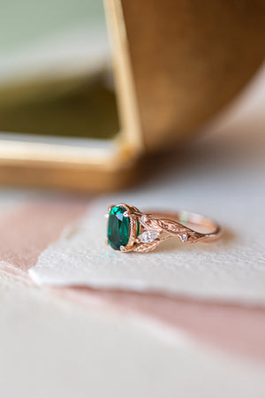 Emerald and accent diamonds engagement ring, rose gold engagement ring / Patricia - Eden Garden Jewelry™