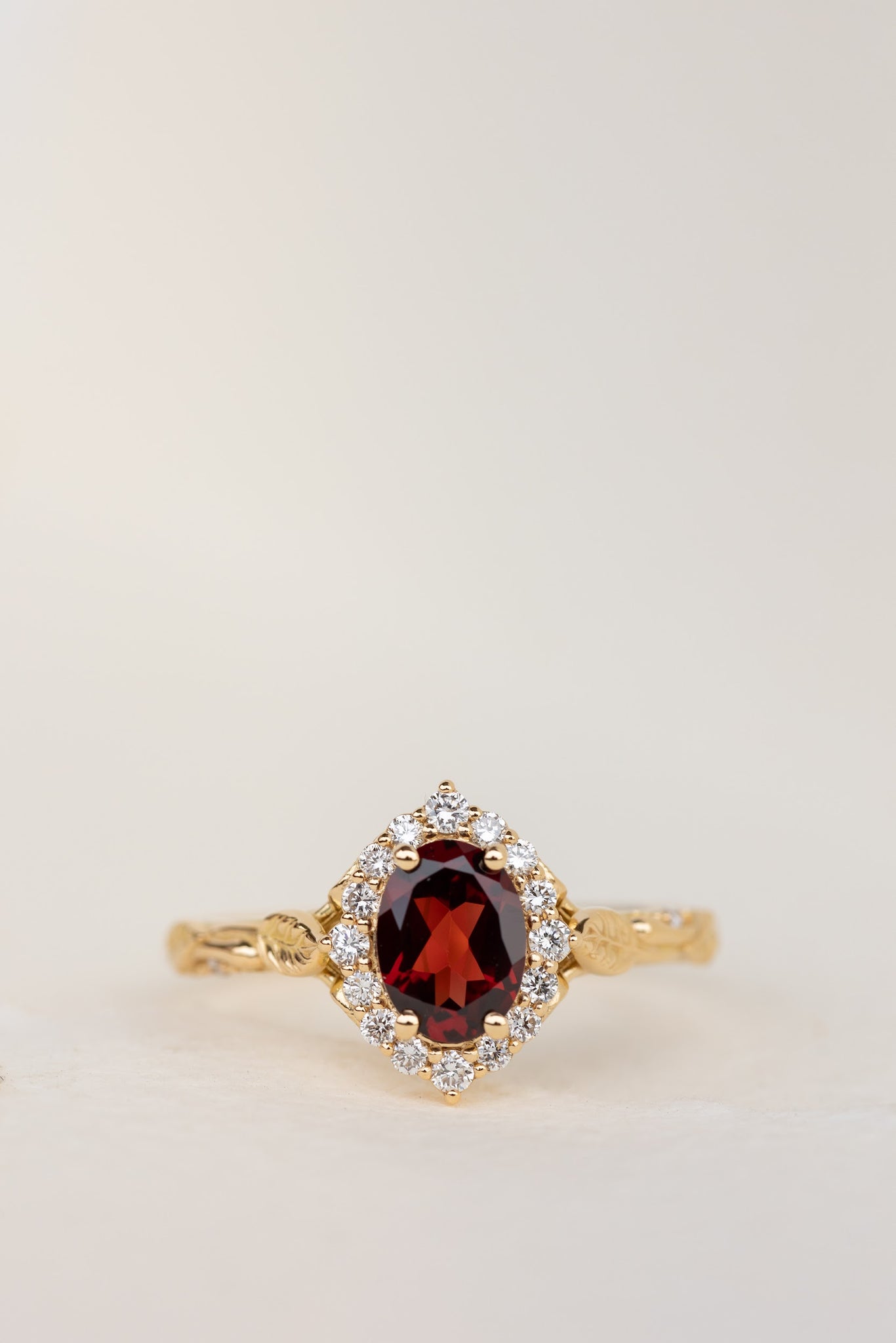 Oval garnet engagement ring with diamond halo, solid gold leaf ring / Florentina - Eden Garden Jewelry™