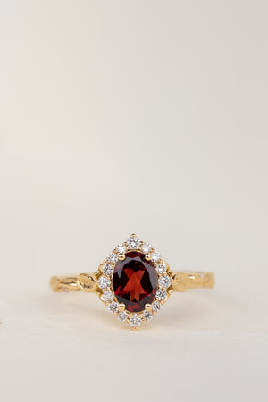 Oval garnet engagement ring with diamond halo, solid gold leaf ring / Florentina - Eden Garden Jewelry™