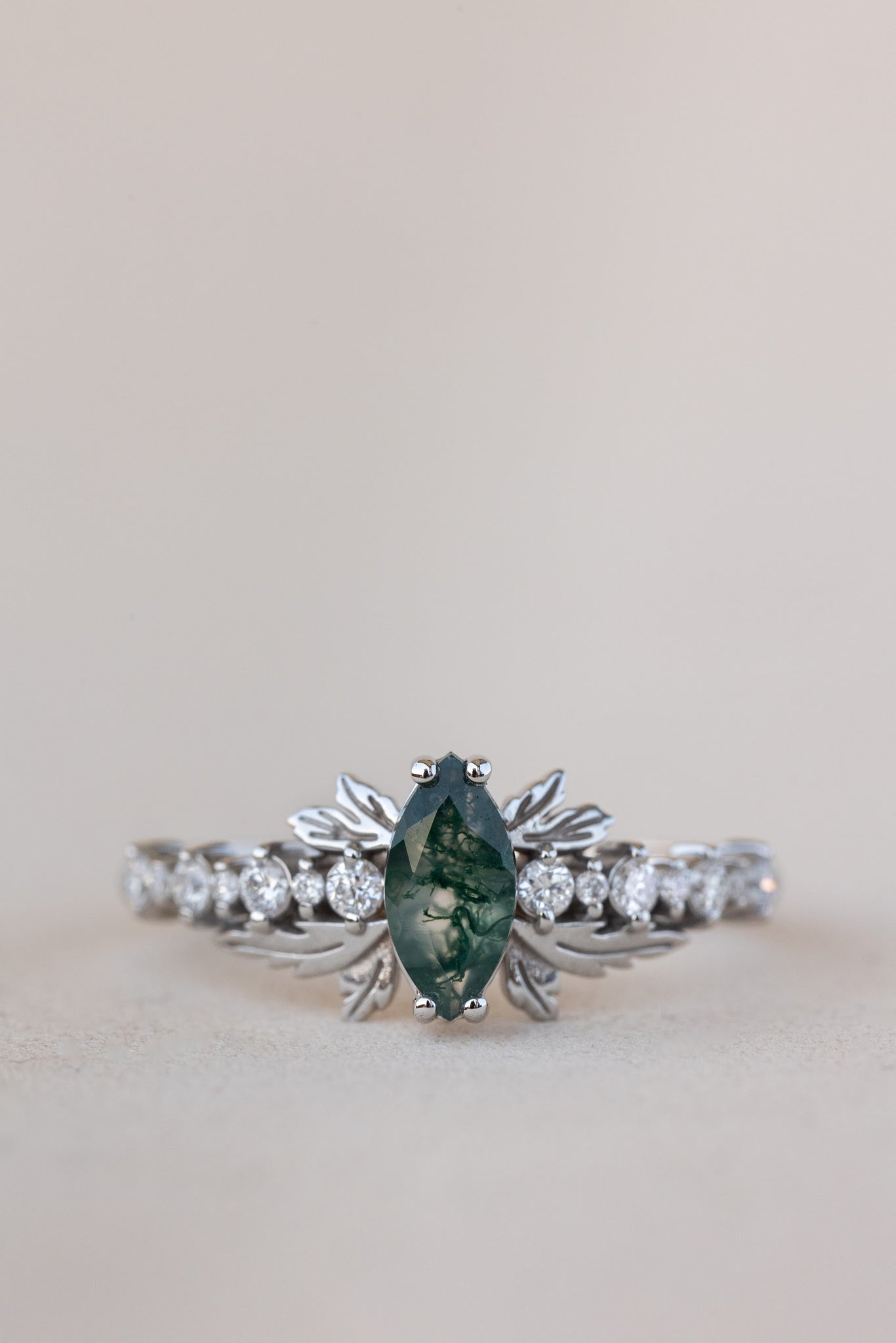 READY TO SHIP: Verbena ring in 18K white gold, natural moss agate marquise cut 8x4 mm, accents lab grown diamonds, RING SIZE: 5.5 - 8.5 US