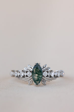 READY TO SHIP: Verbena ring in 18K white gold, natural moss agate marquise cut 8x4 mm, accents lab grown diamonds, RING SIZE: 5.5 - 8.5 US