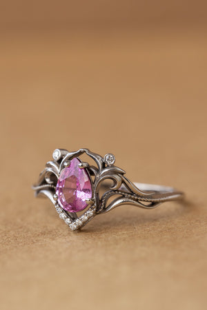 READY TO SHIP: Lida art nouveau engagement ring in 14K white gold, natural pink sapphire with natural diamonds, RING SIZE: 5.75 - 8.75