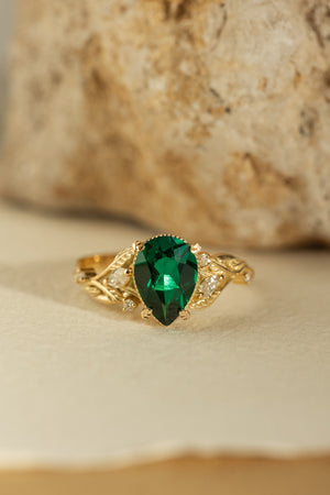 Big lab emerald twig engagement ring, yellow gold leaf ring with marquise cut diamonds  / Patricia - Eden Garden Jewelry™