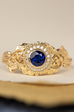 Halo diamond and lab blue sapphire engagement ring, celtic ring with oak leaves and diamonds / Dair - Eden Garden Jewelry™