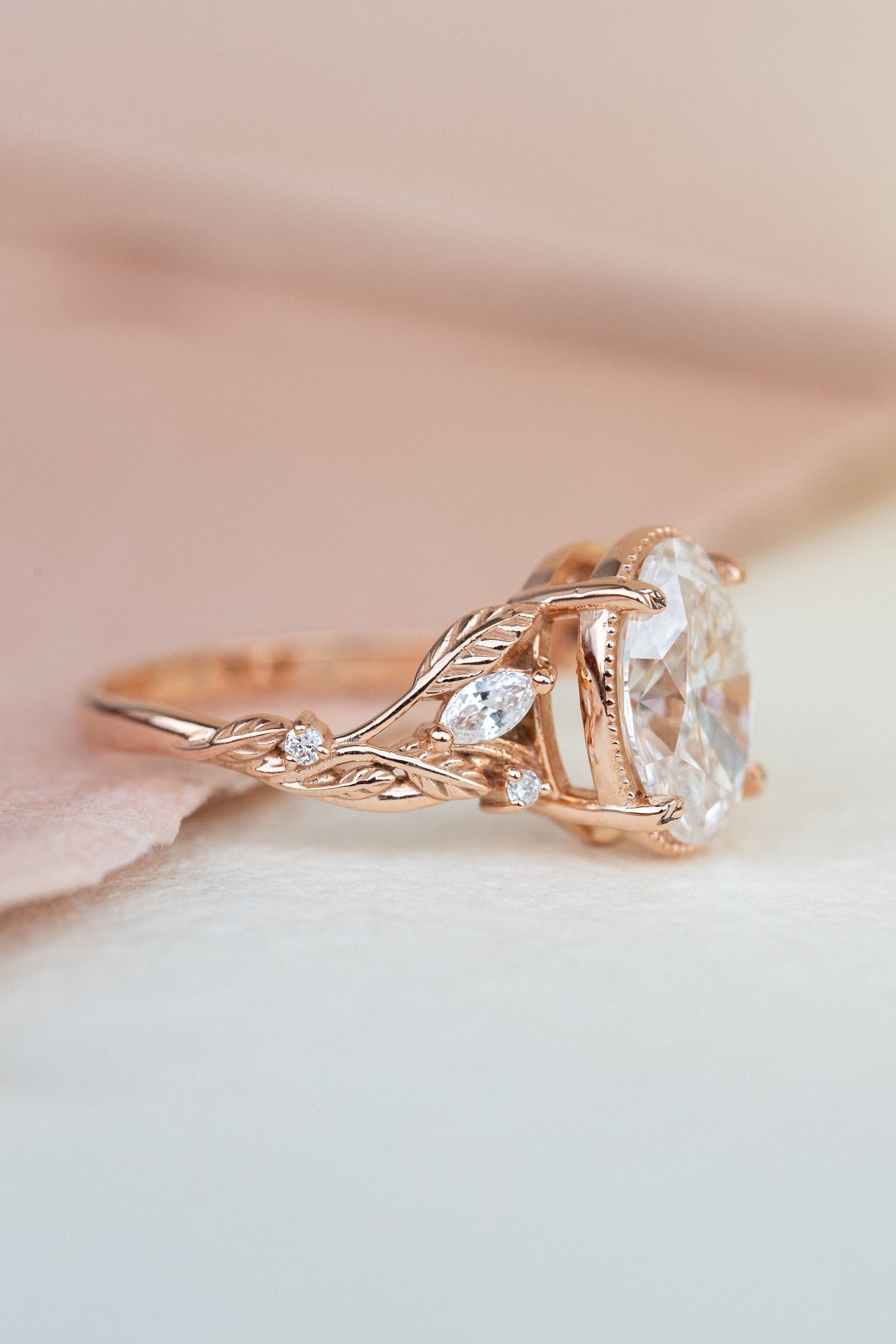 Oval lab grown diamond engagement ring, rose gold leaves and vines ring / Patricia - Eden Garden Jewelry™