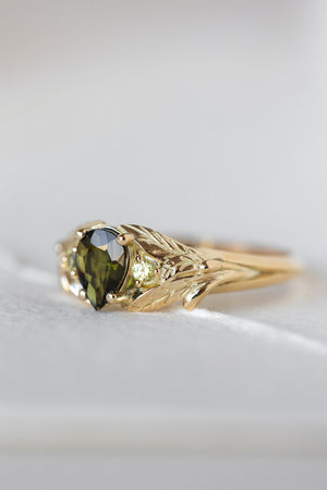 Green tourmaline engagement ring, gold leaf ring with side yellow sapphires / Wisteria - Eden Garden Jewelry™