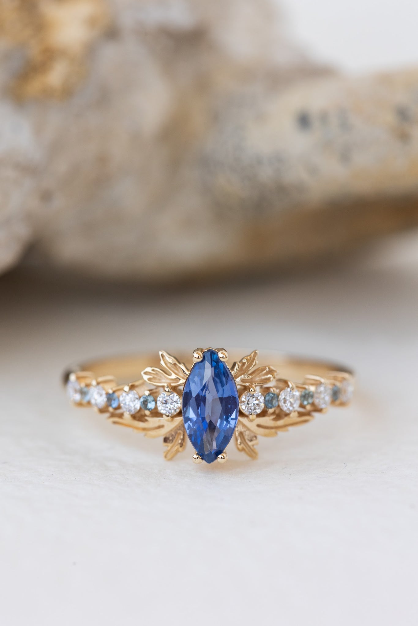 Natural blue sapphire engagement ring with small diamonds & sapphires / Verbena