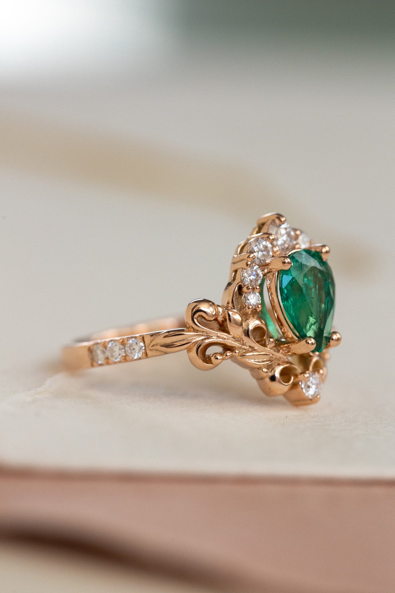 Emerald baroque style engagement ring, rose gold engagement ring with diamonds / Sophie - Eden Garden Jewelry™