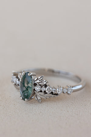 READY TO SHIP: Verbena ring in 18K white gold, natural moss agate marquise cut 8x4 mm, accents lab grown diamonds, RING SIZE: 5.5 - 8.5 US