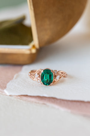 Emerald and accent diamonds engagement ring, rose gold engagement ring / Patricia - Eden Garden Jewelry™