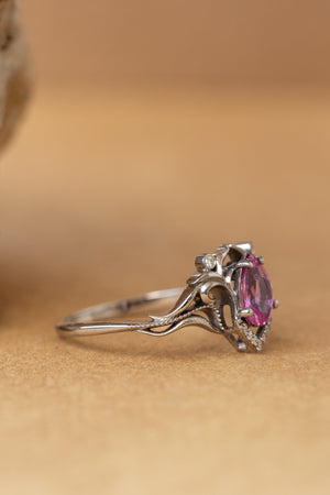 READY TO SHIP: Lida art nouveau engagement ring in 14K white gold, natural pink sapphire with natural diamonds, RING SIZE: 5.75 - 8.75