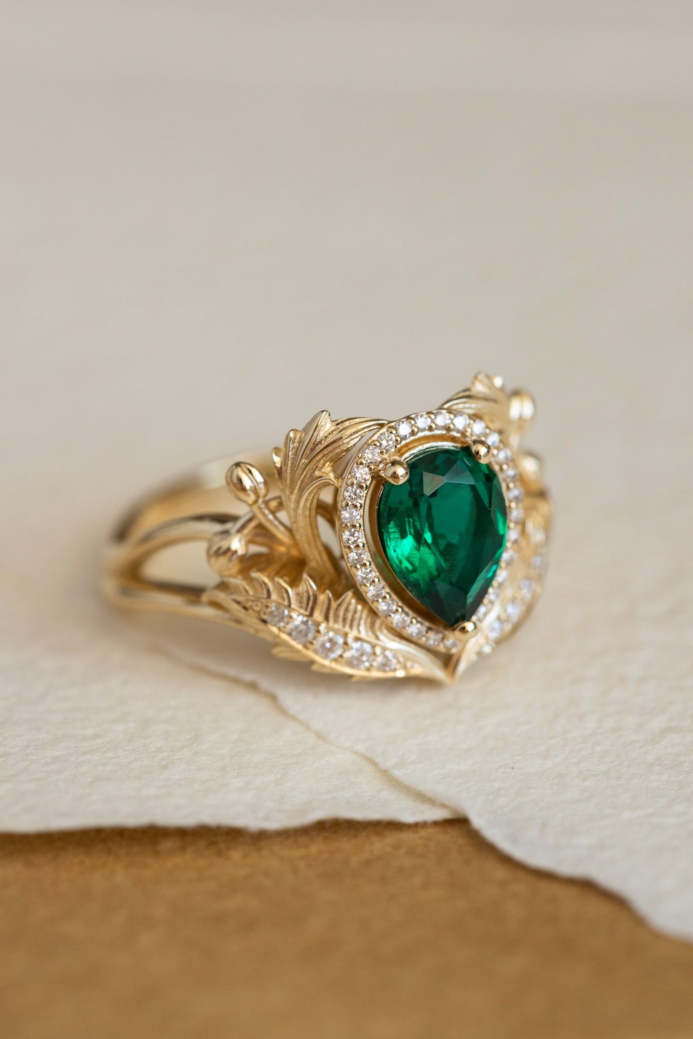 1 carat lab emerald engagement ring, gold nature inspired ring with diamond halo / Adonis halo - Eden Garden Jewelry™