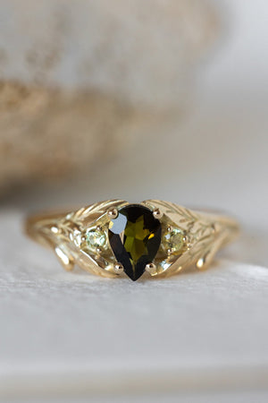 Green tourmaline engagement ring, gold leaf ring with side yellow sapphires / Wisteria - Eden Garden Jewelry™