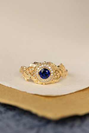 Halo diamond and lab blue sapphire engagement ring, celtic ring with oak leaves and diamonds / Dair - Eden Garden Jewelry™