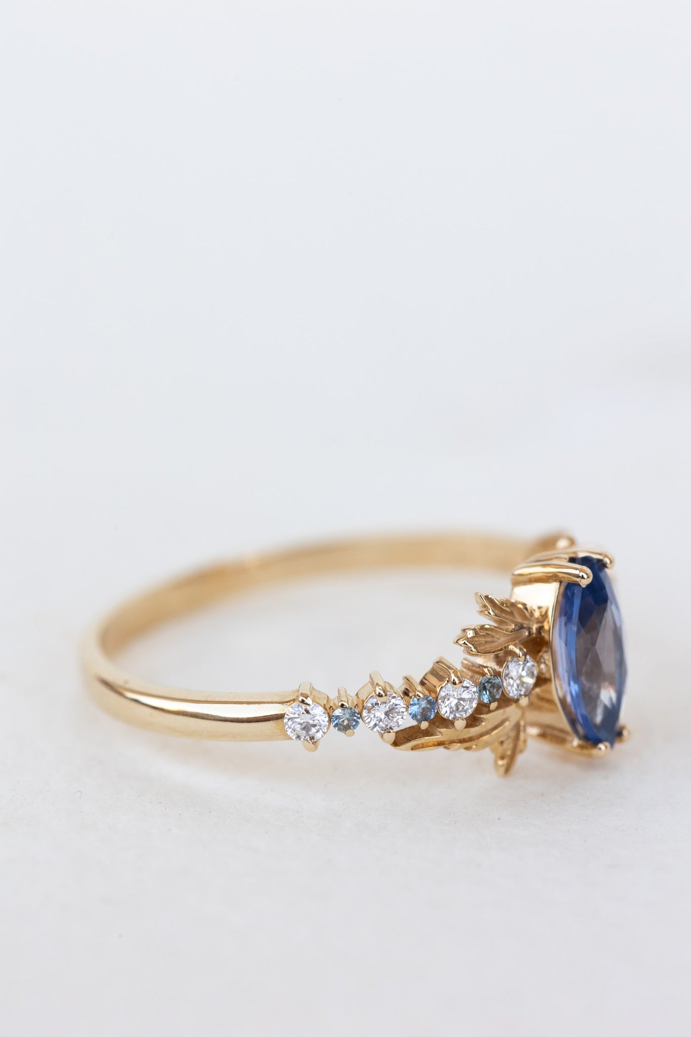 Natural blue sapphire engagement ring with small diamonds & sapphires / Verbena