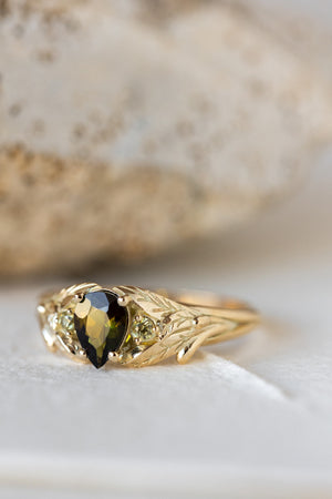 Green tourmaline engagement ring, gold leaf ring with side yellow sapphires / Wisteria - Eden Garden Jewelry™