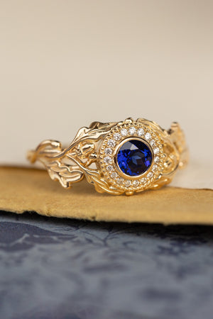 Halo diamond and lab blue sapphire engagement ring, celtic ring with oak leaves and diamonds / Dair - Eden Garden Jewelry™