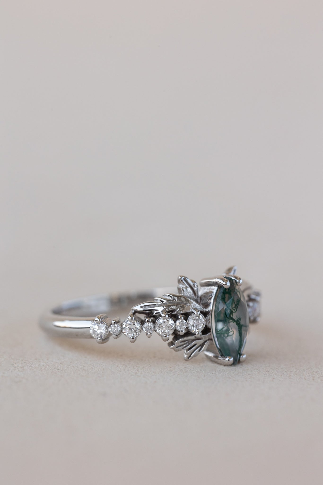 READY TO SHIP: Verbena ring in 18K white gold, natural moss agate marquise cut 8x4 mm, accents lab grown diamonds, RING SIZE: 5.5 - 8.5 US