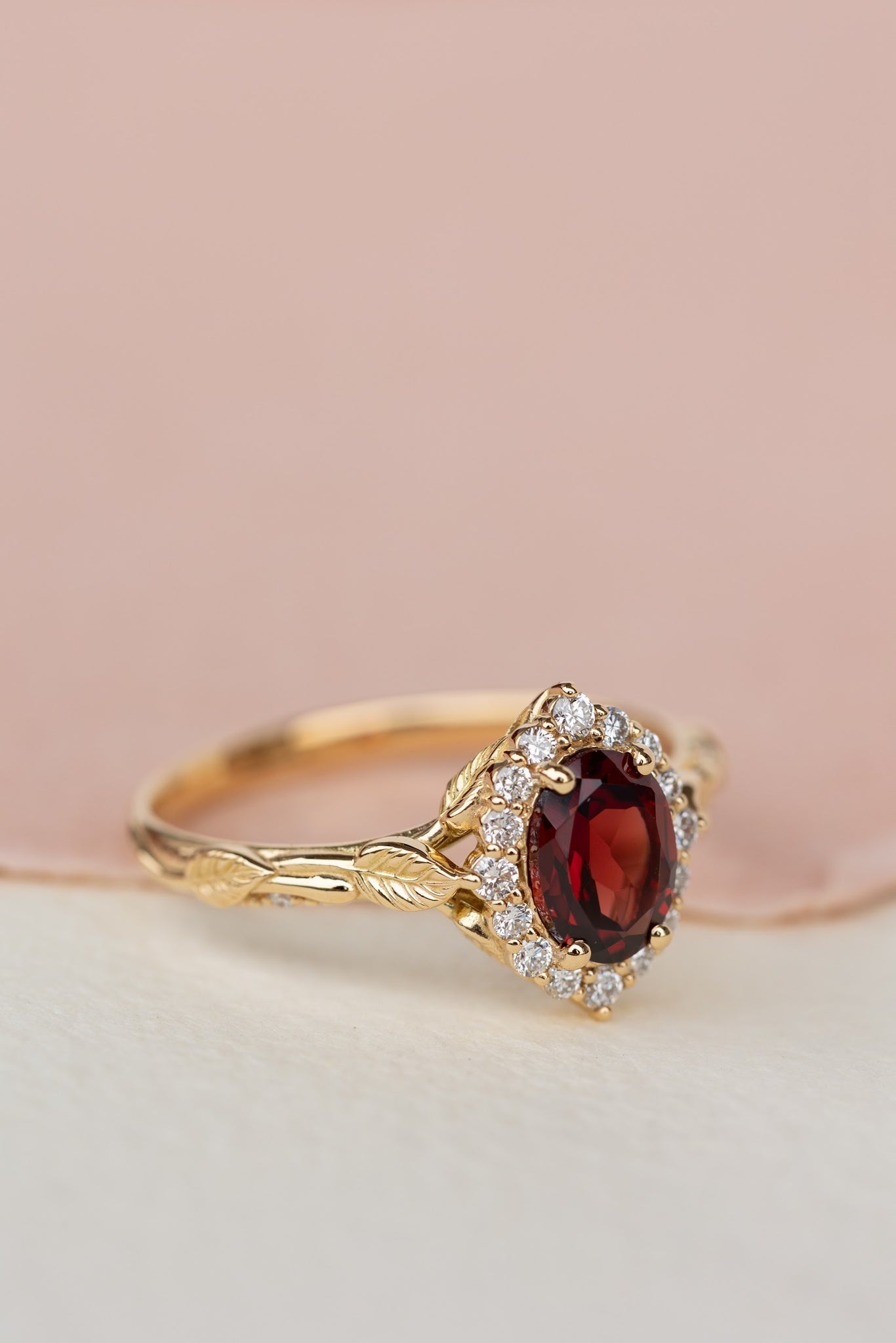 Oval garnet engagement ring with diamond halo, solid gold leaf ring / Florentina - Eden Garden Jewelry™