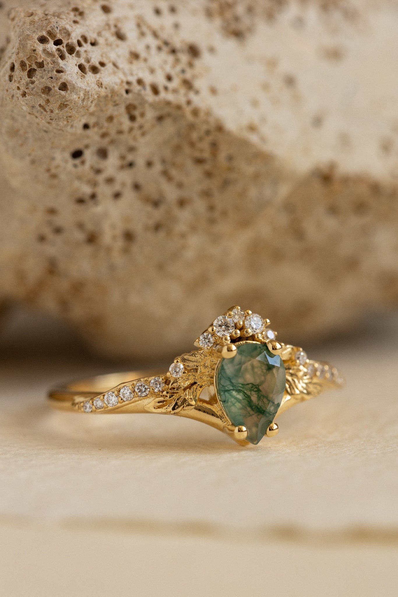 Diamond crown moss agate proposal ring / Amelia - Eden Garden Jewelry™