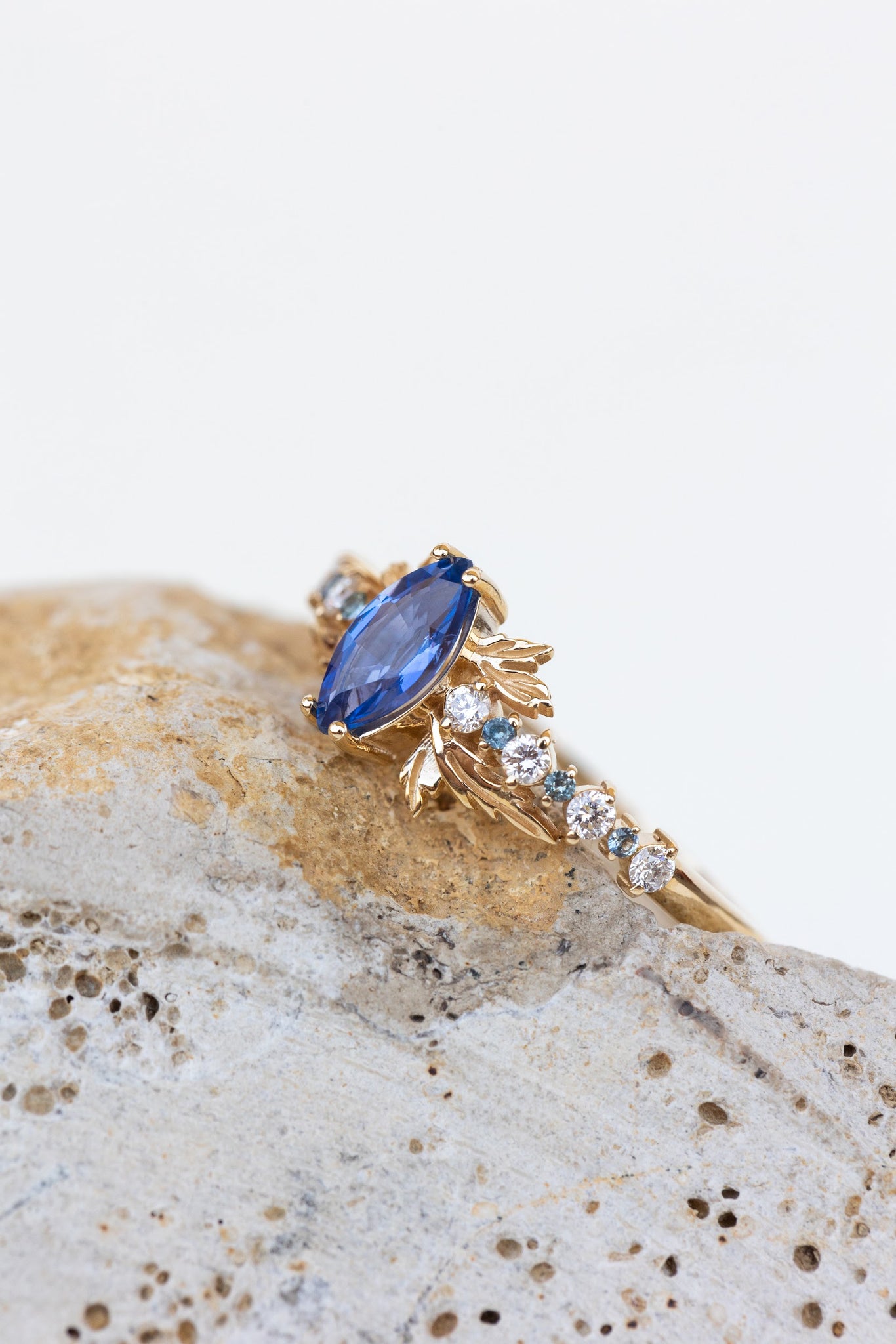 Natural blue sapphire engagement ring with small diamonds & sapphires / Verbena