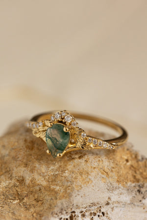 Diamond crown moss agate proposal ring / Amelia - Eden Garden Jewelry™