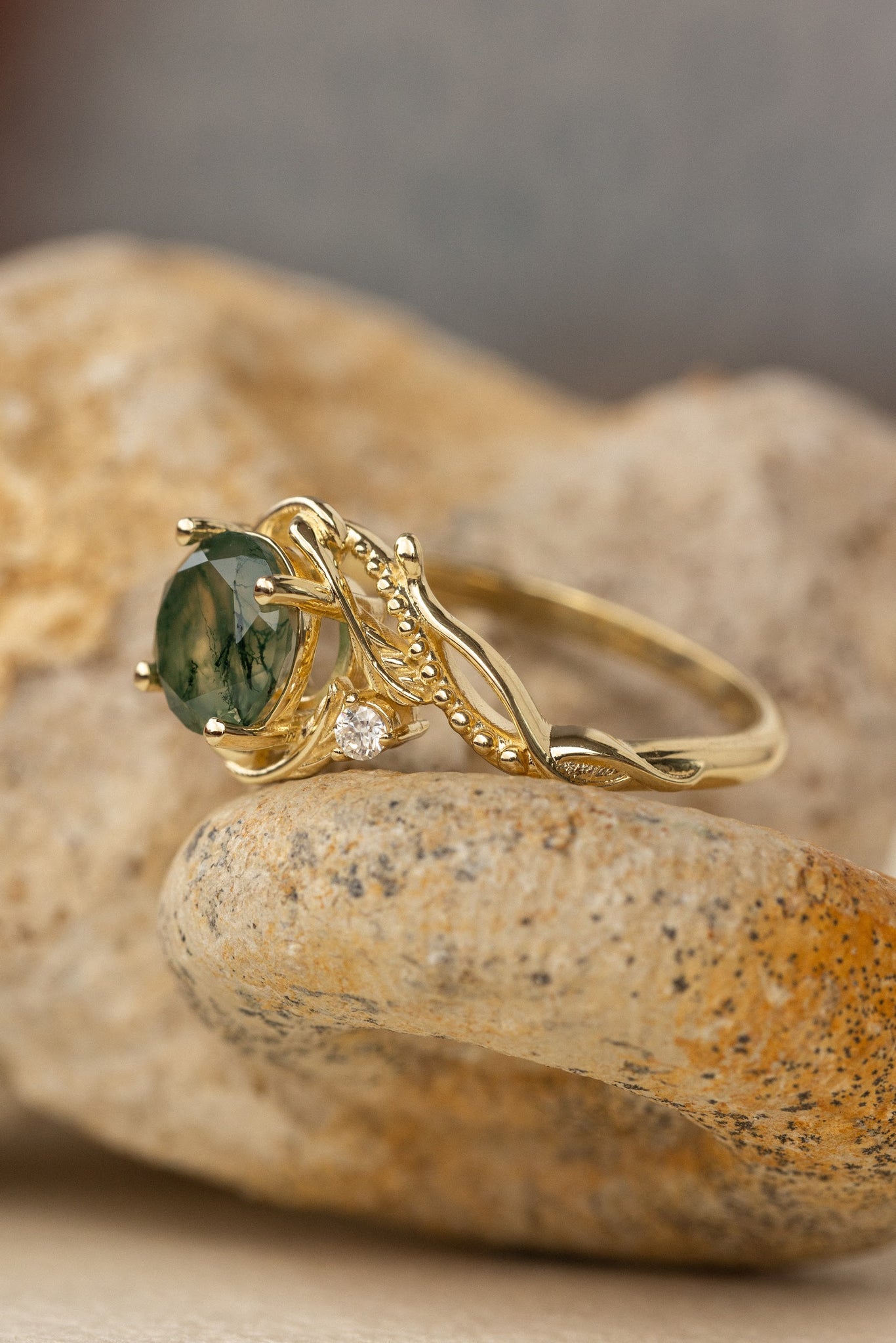 Round moss agate engagement ring with accent diamonds, nature themed proposal ring with diamonds  / Undina - Eden Garden Jewelry™