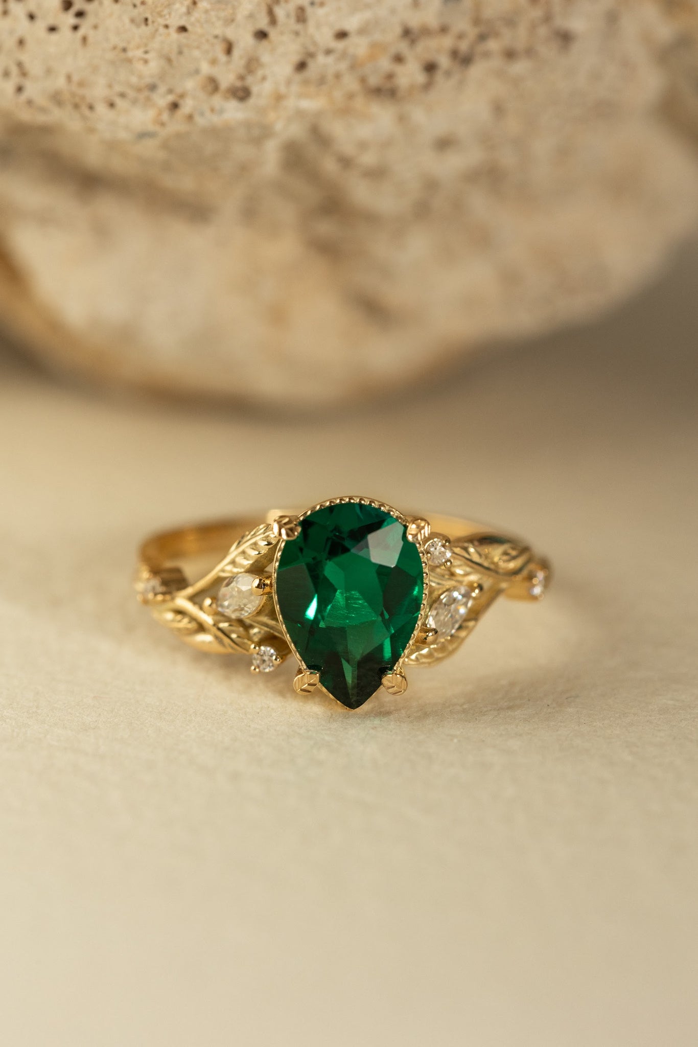 Big lab emerald twig engagement ring, yellow gold leaf ring with marquise cut diamonds  / Patricia - Eden Garden Jewelry™