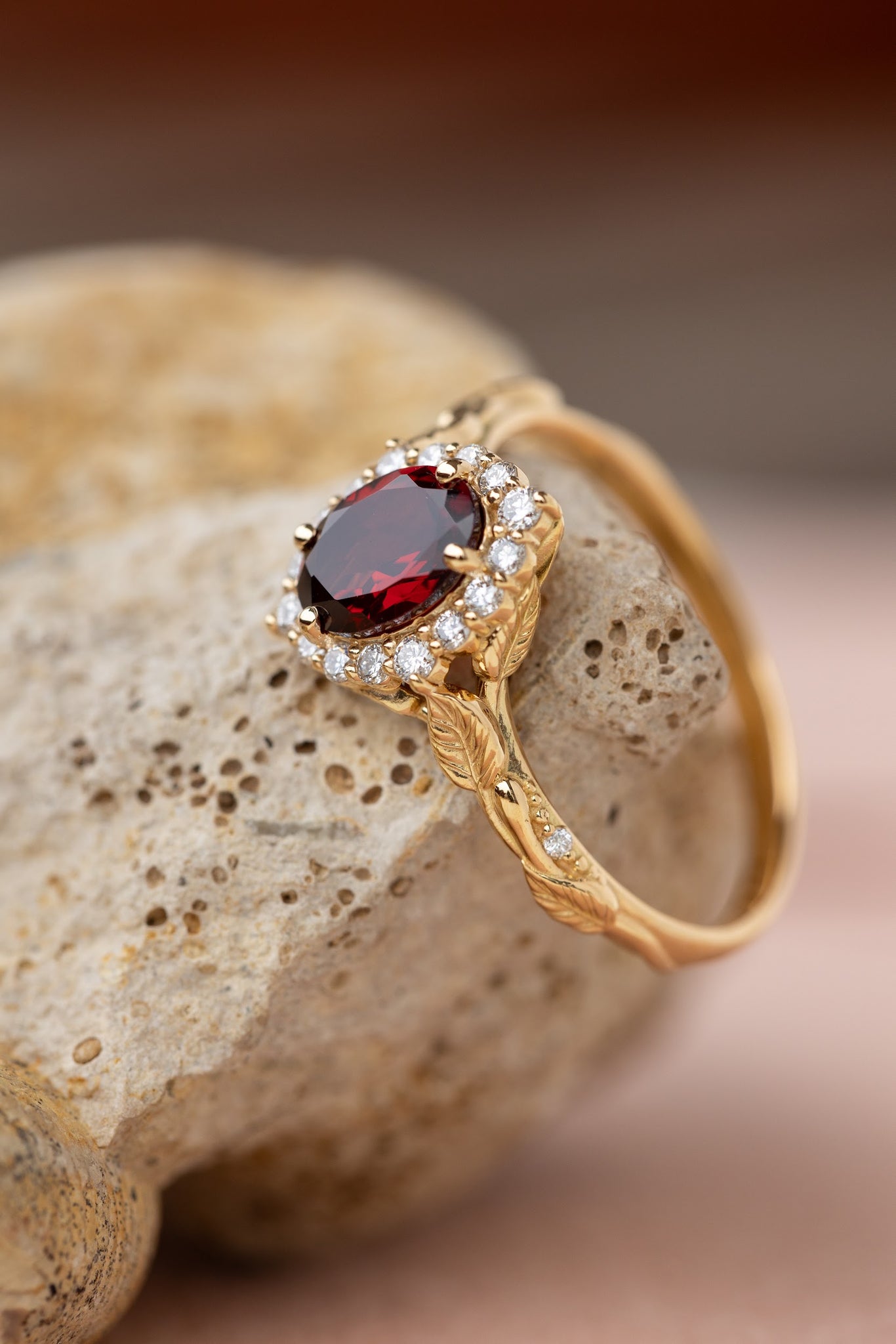 Oval garnet engagement ring with diamond halo, solid gold leaf ring / Florentina - Eden Garden Jewelry™