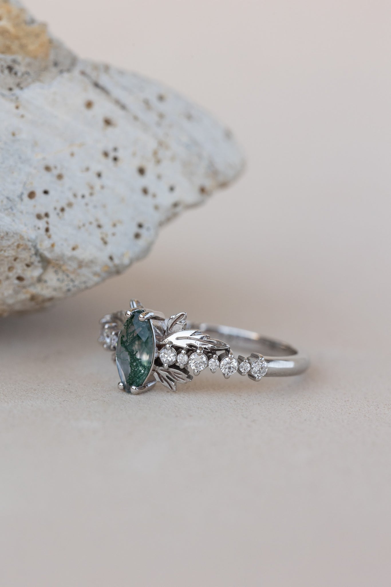 READY TO SHIP: Verbena ring in 18K white gold, natural moss agate marquise cut 8x4 mm, accents lab grown diamonds, RING SIZE: 5.5 - 8.5 US