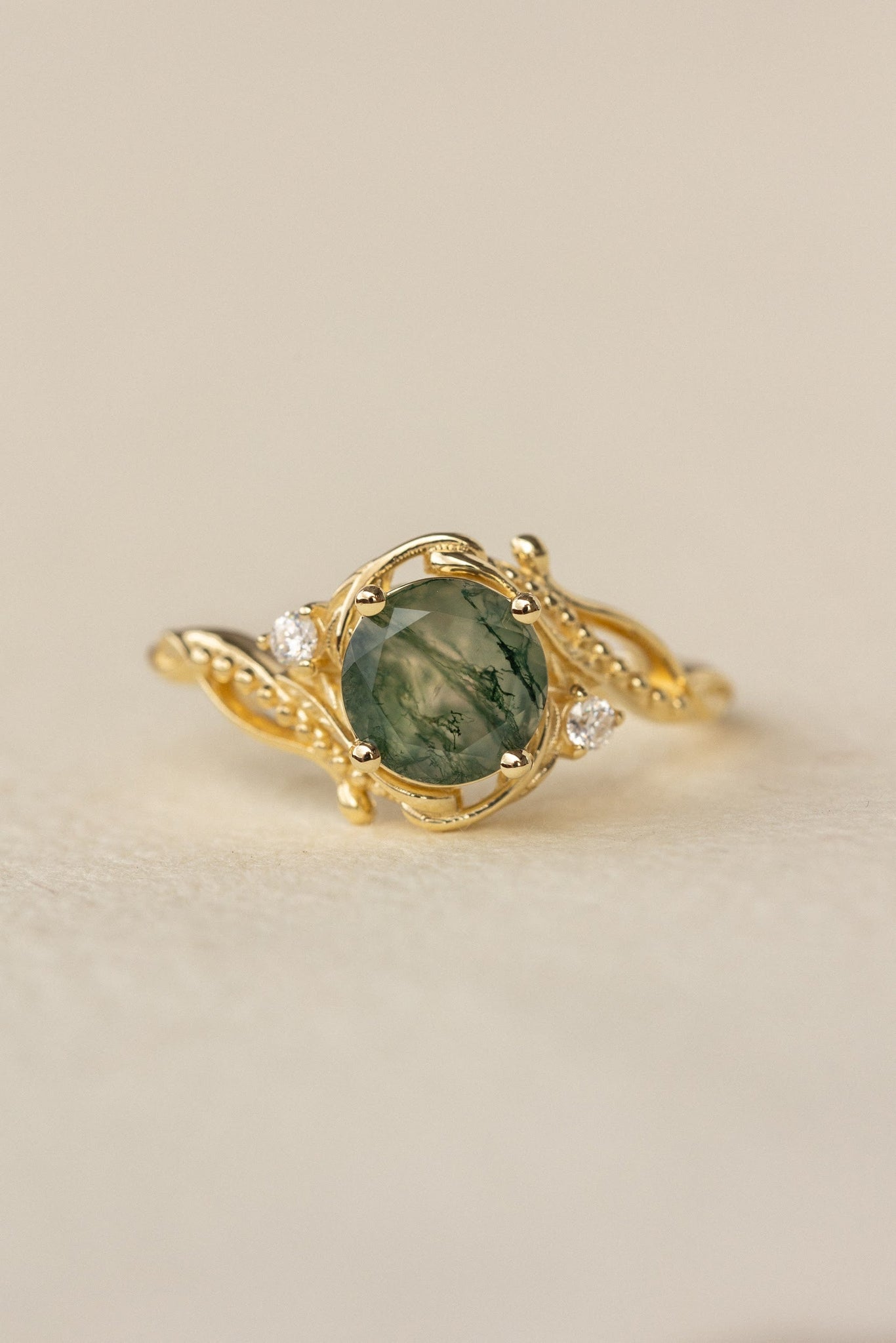 Round moss agate engagement ring with accent diamonds, nature themed proposal ring with diamonds  / Undina - Eden Garden Jewelry™