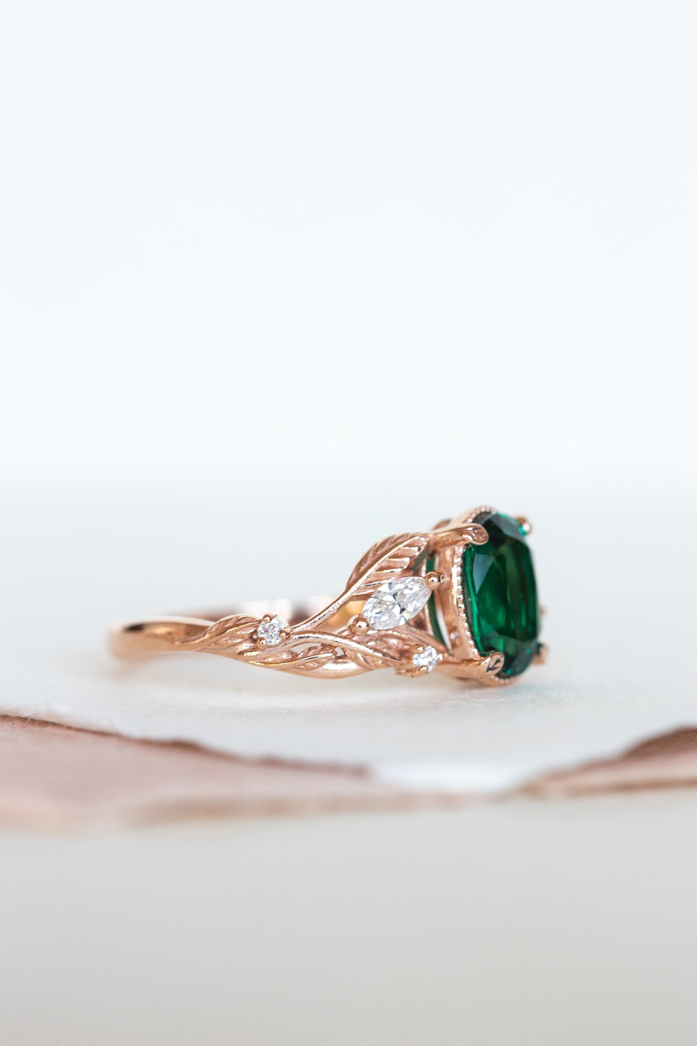 Lab emerald rose gold engagement ring set, leaves and diamonds bridal ring set / Patricia - Eden Garden Jewelry™