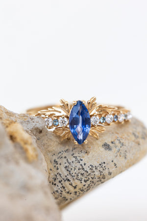 Natural blue sapphire engagement ring with small diamonds & sapphires / Verbena