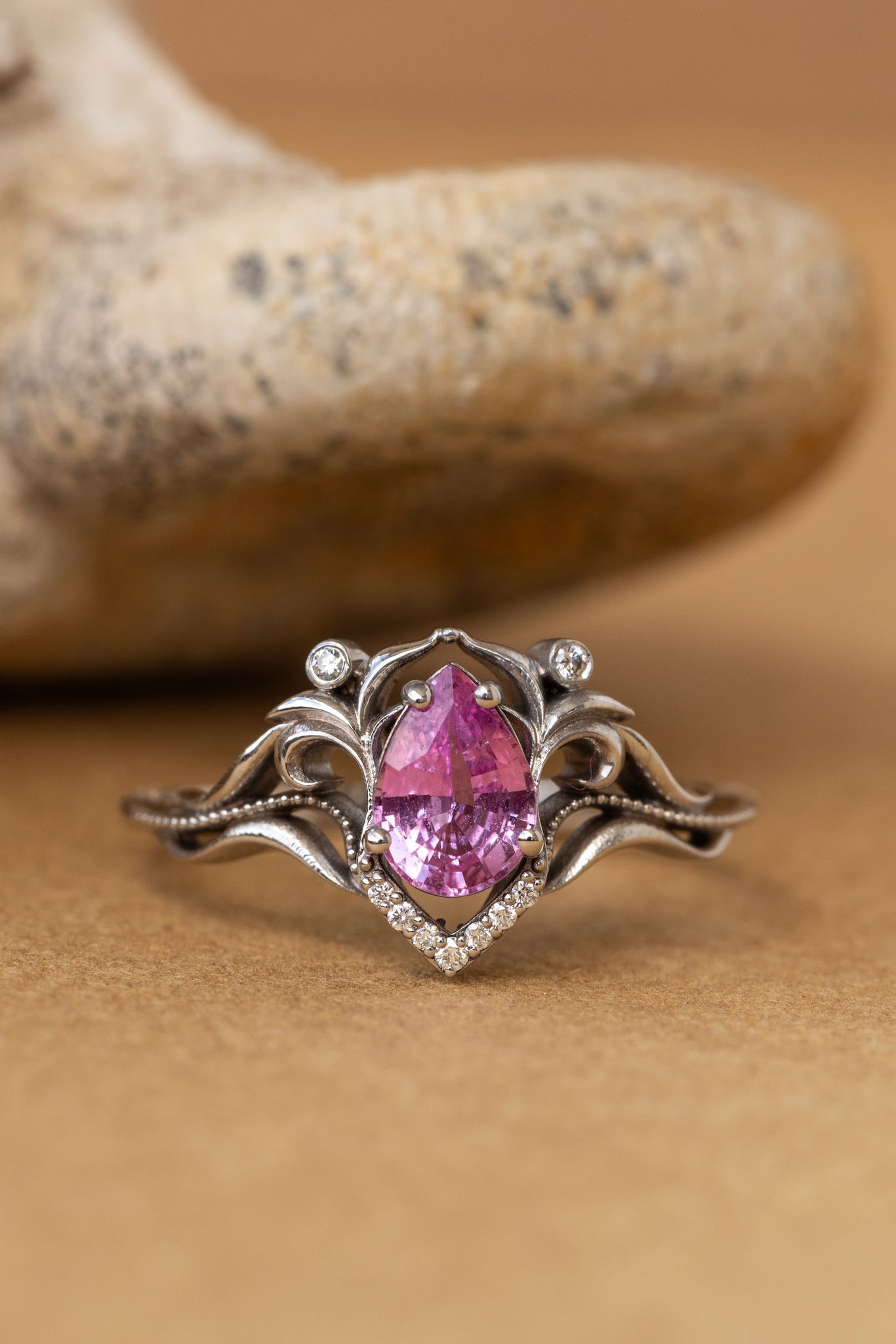 READY TO SHIP: Lida art nouveau engagement ring in 14K white gold, natural pink sapphire with natural diamonds, RING SIZE: 5.75 - 8.75