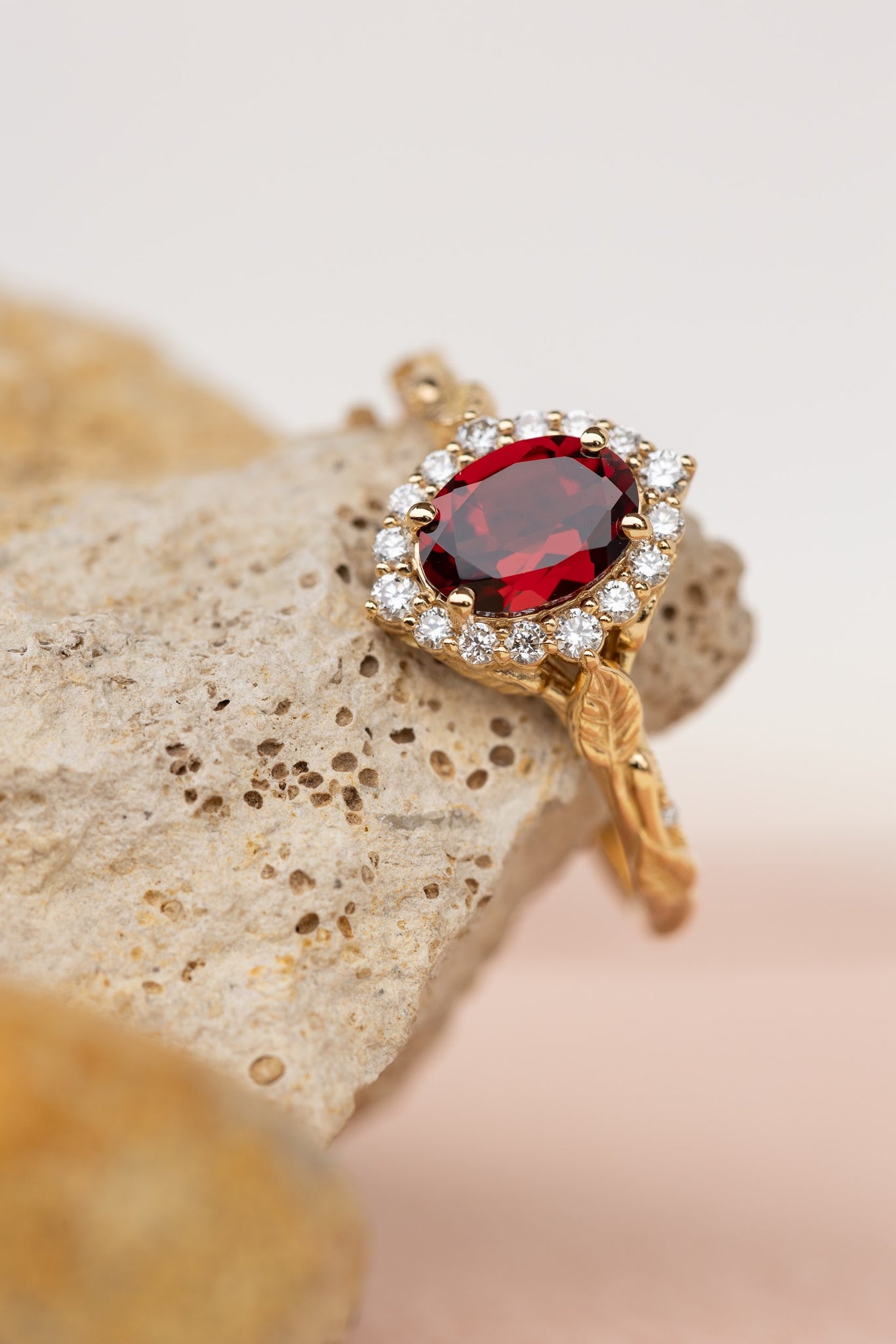 Oval garnet engagement ring with diamond halo, solid gold leaf ring / Florentina - Eden Garden Jewelry™