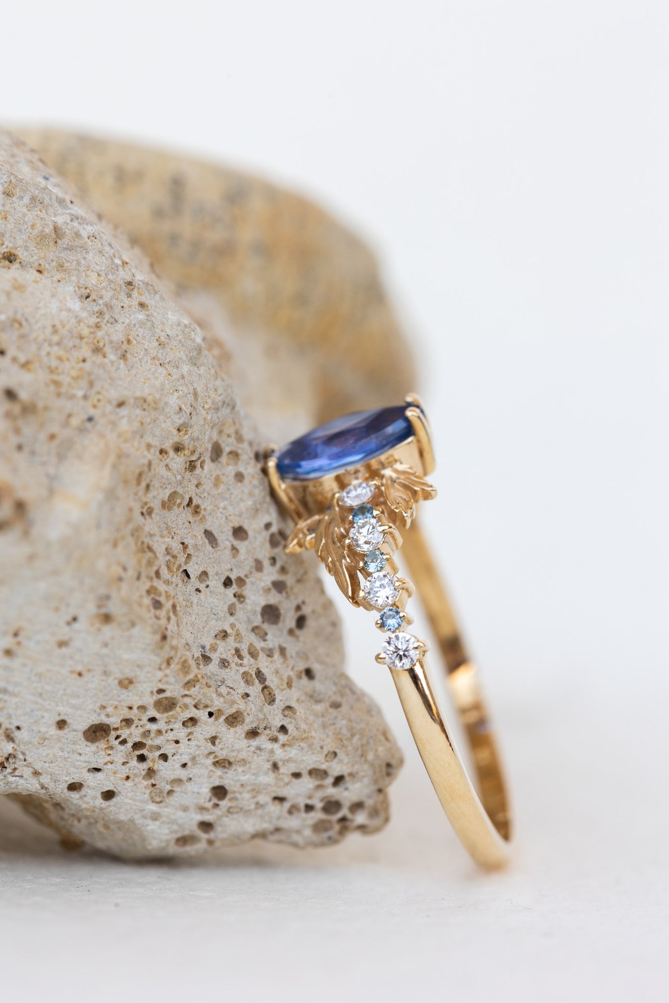 Natural blue sapphire engagement ring with small diamonds & sapphires / Verbena