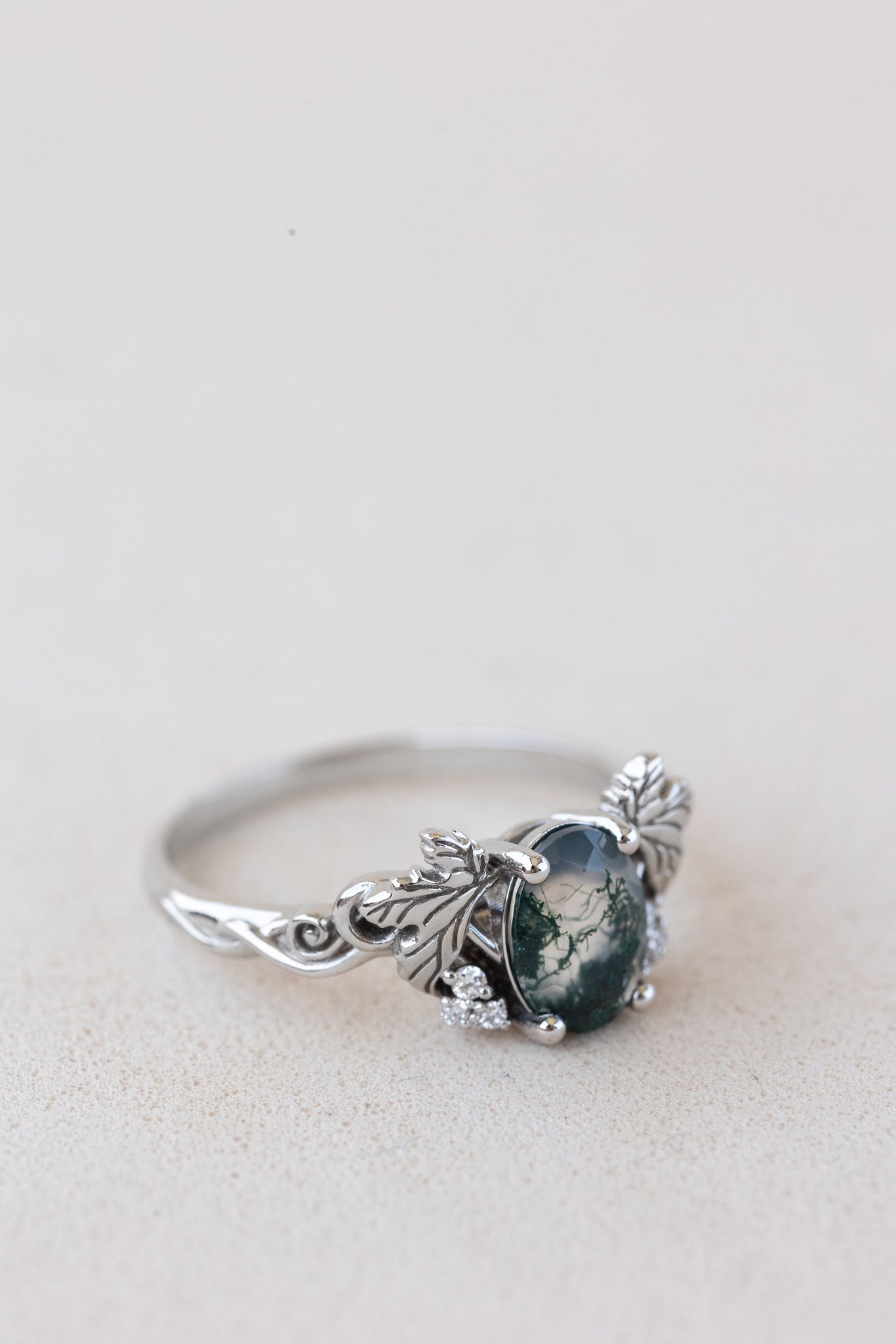 READY TO SHIP: Vineyard engagement ring in 14K white gold, oval moss agate, accents lab grown diamonds, RING SIZE: 5.5 - 8.5 US