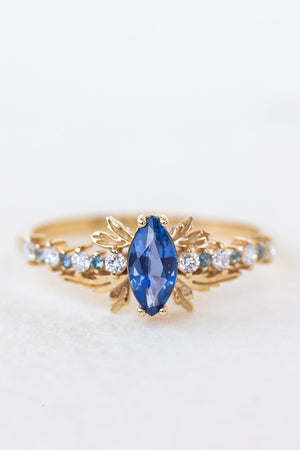 Natural blue sapphire engagement ring with small diamonds & sapphires / Verbena