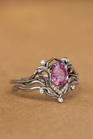 READY TO SHIP: Lida art nouveau engagement ring in 14K white gold, natural pink sapphire with natural diamonds, RING SIZE: 5.75 - 8.75