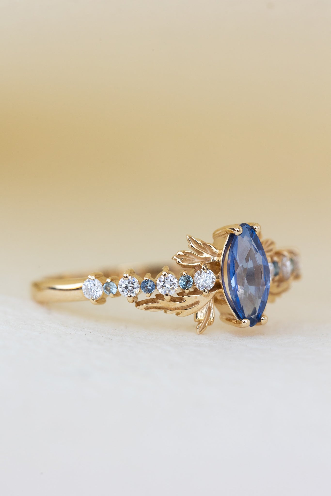 Natural blue sapphire engagement ring with small diamonds & sapphires / Verbena