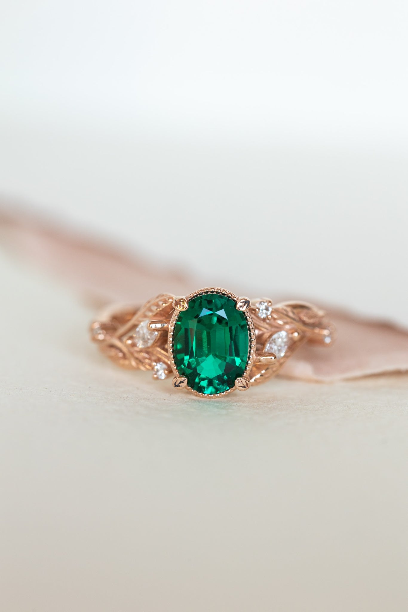 Emerald and accent diamonds engagement ring, rose gold engagement ring / Patricia - Eden Garden Jewelry™