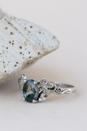 READY TO SHIP: Vineyard engagement ring in 14K white gold, oval moss agate, accents lab grown diamonds, RING SIZE: 5.5 - 8.5 US