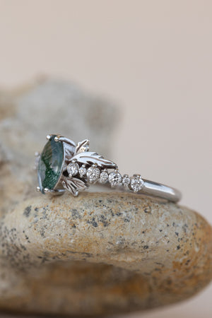 READY TO SHIP: Verbena ring in 18K white gold, natural moss agate marquise cut 8x4 mm, accents lab grown diamonds, RING SIZE: 5.5 - 8.5 US