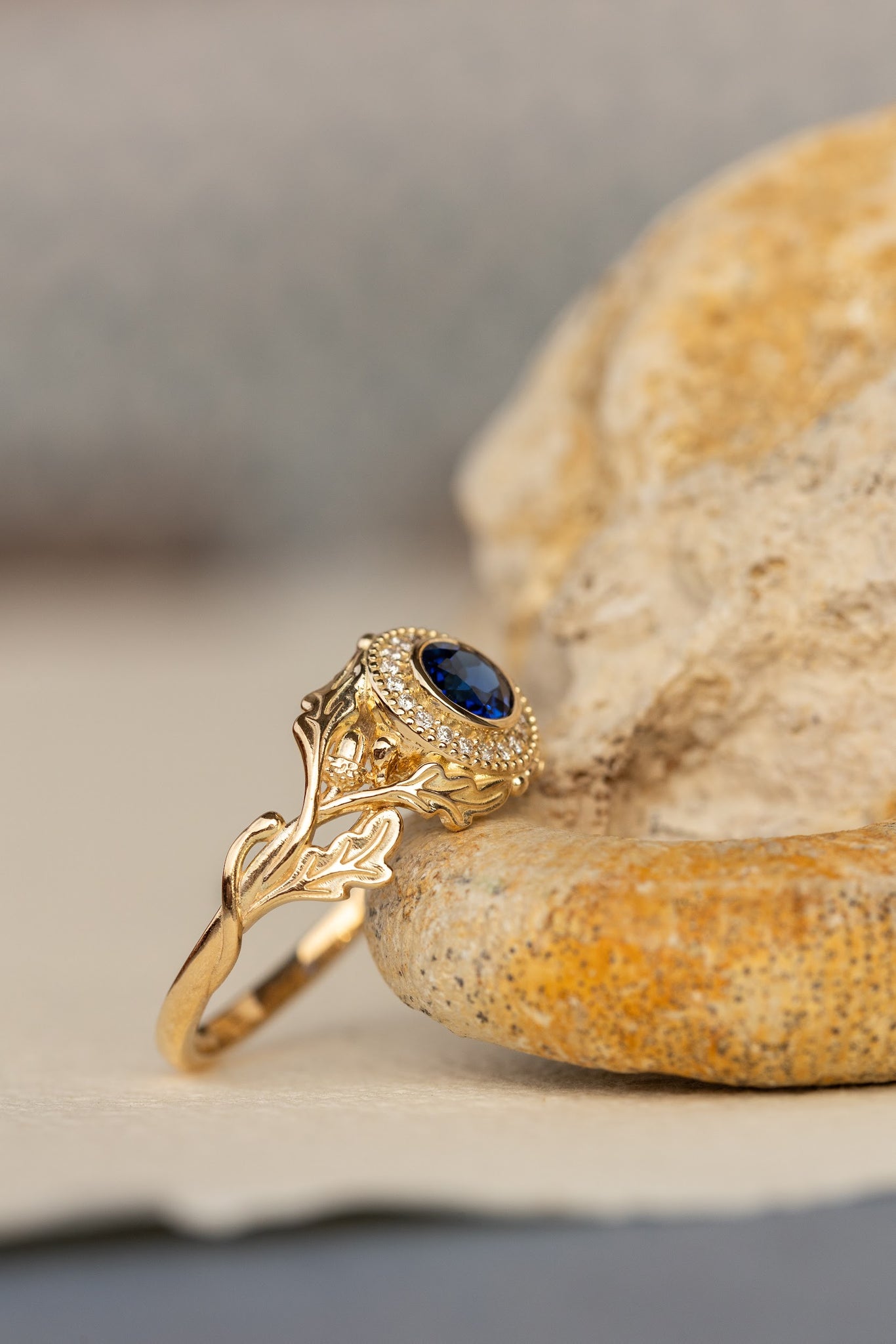 Halo diamond and lab blue sapphire engagement ring, celtic ring with oak leaves and diamonds / Dair - Eden Garden Jewelry™