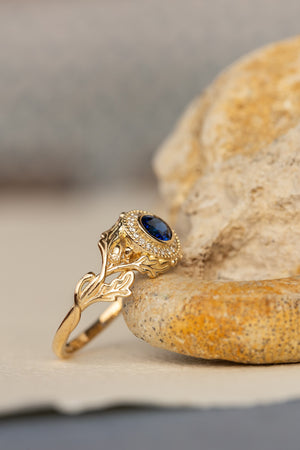 Halo diamond and lab blue sapphire engagement ring, celtic ring with oak leaves and diamonds / Dair - Eden Garden Jewelry™