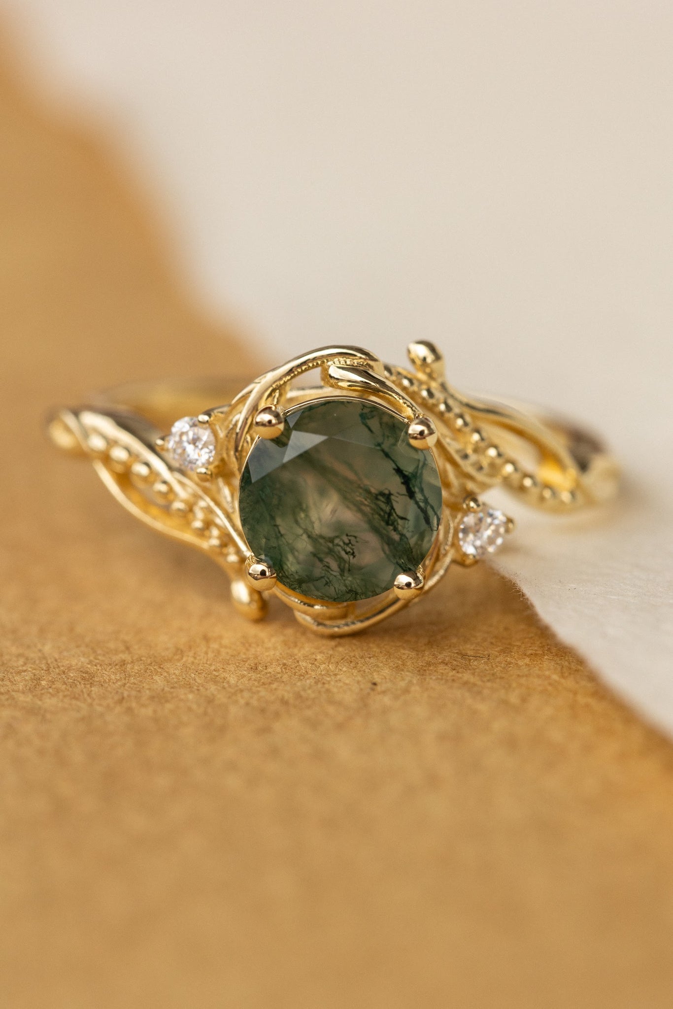 Round moss agate engagement ring with accent diamonds, nature themed proposal ring with diamonds  / Undina - Eden Garden Jewelry™