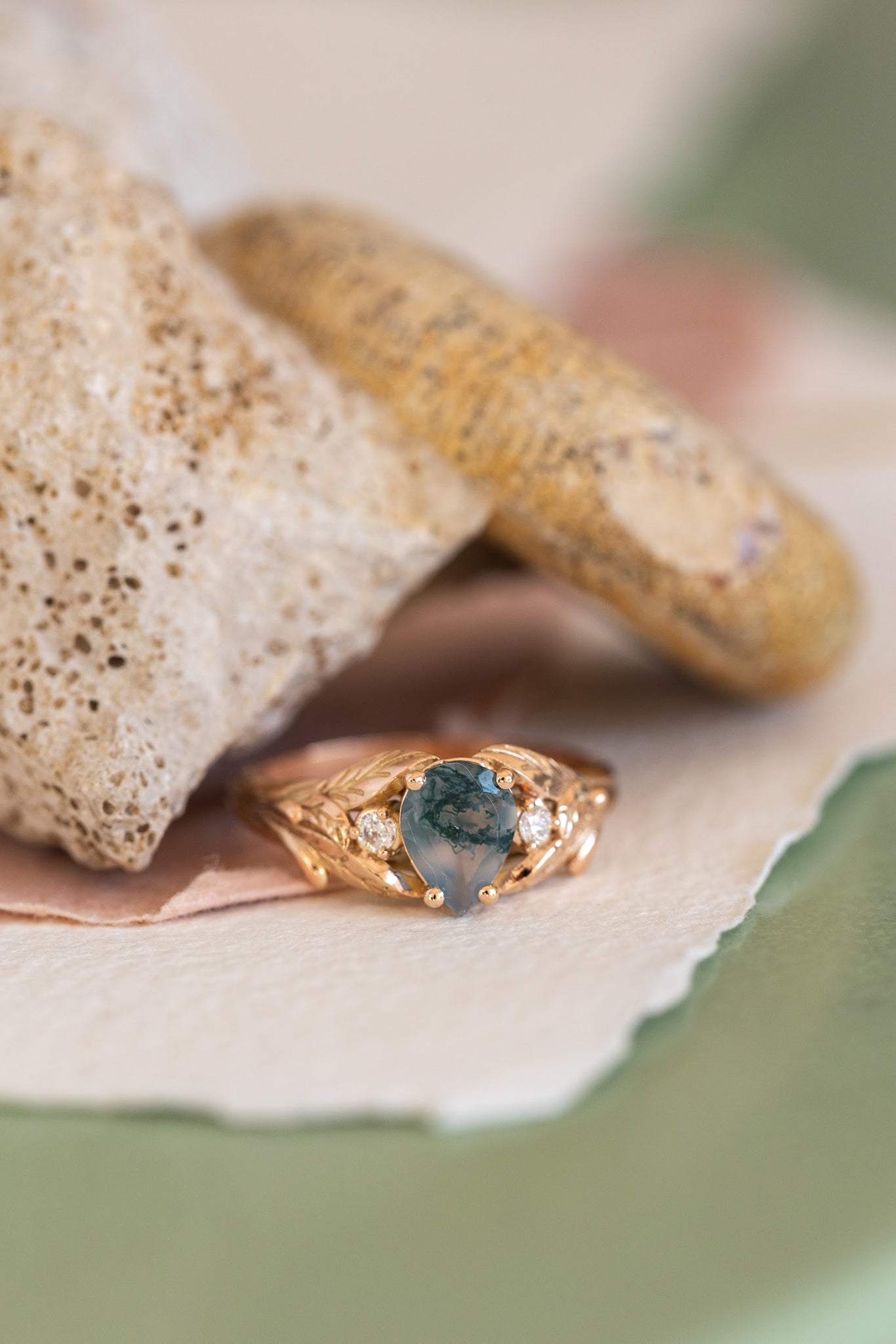 Unique moss agate engagement ring, rose gold engagement ring with accent diamonds / Wisteria - Eden Garden Jewelry™